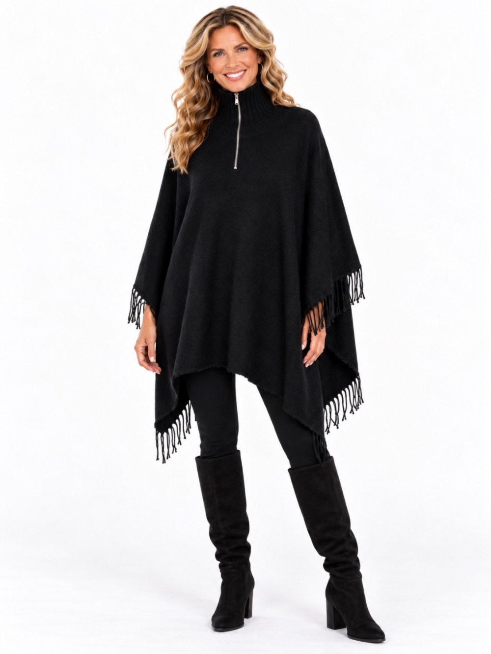 APT. 9 Black Fringe Half-Zip Poncho Sweater Size: OS